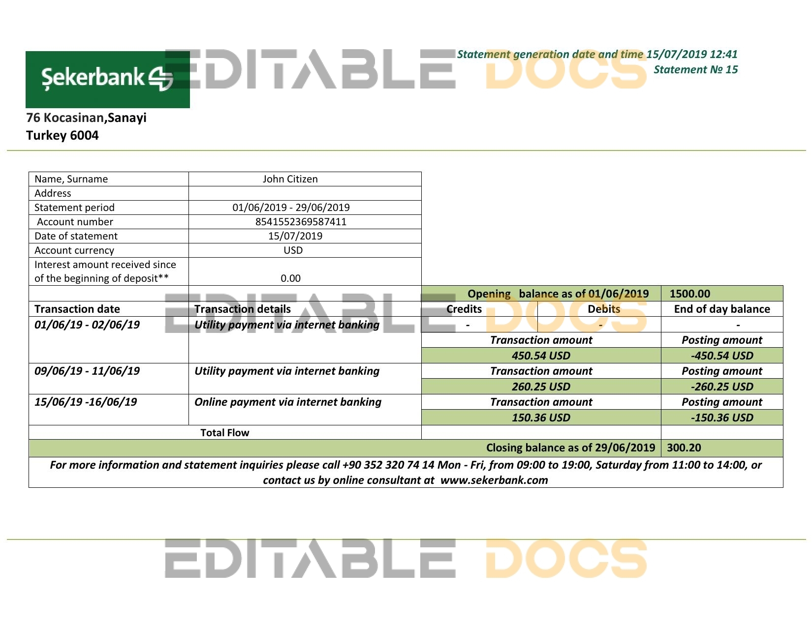 Turkey Sekerbank bank statement template in .doc and .pdf format, fully editable