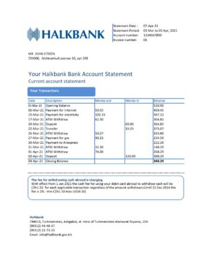 Turkmenistan Halkbank Bank statement easy to fill template in .xls and .pdf file format