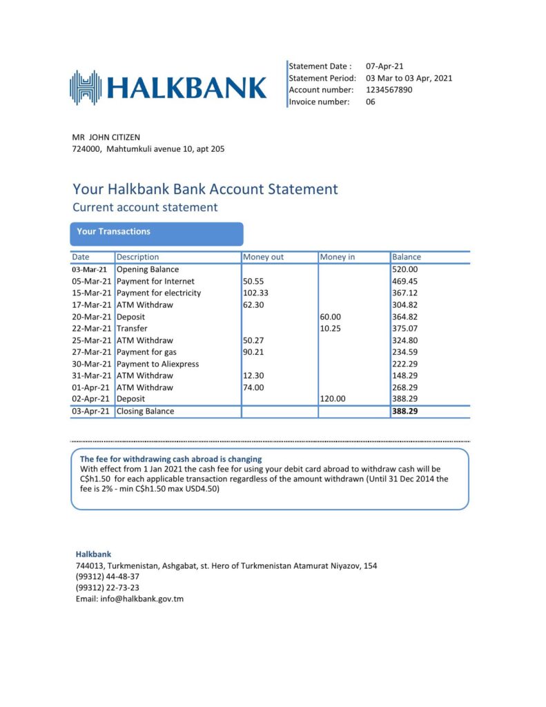 Turkmenistan Halkbank Bank statement easy to fill template in .xls and .pdf file format
