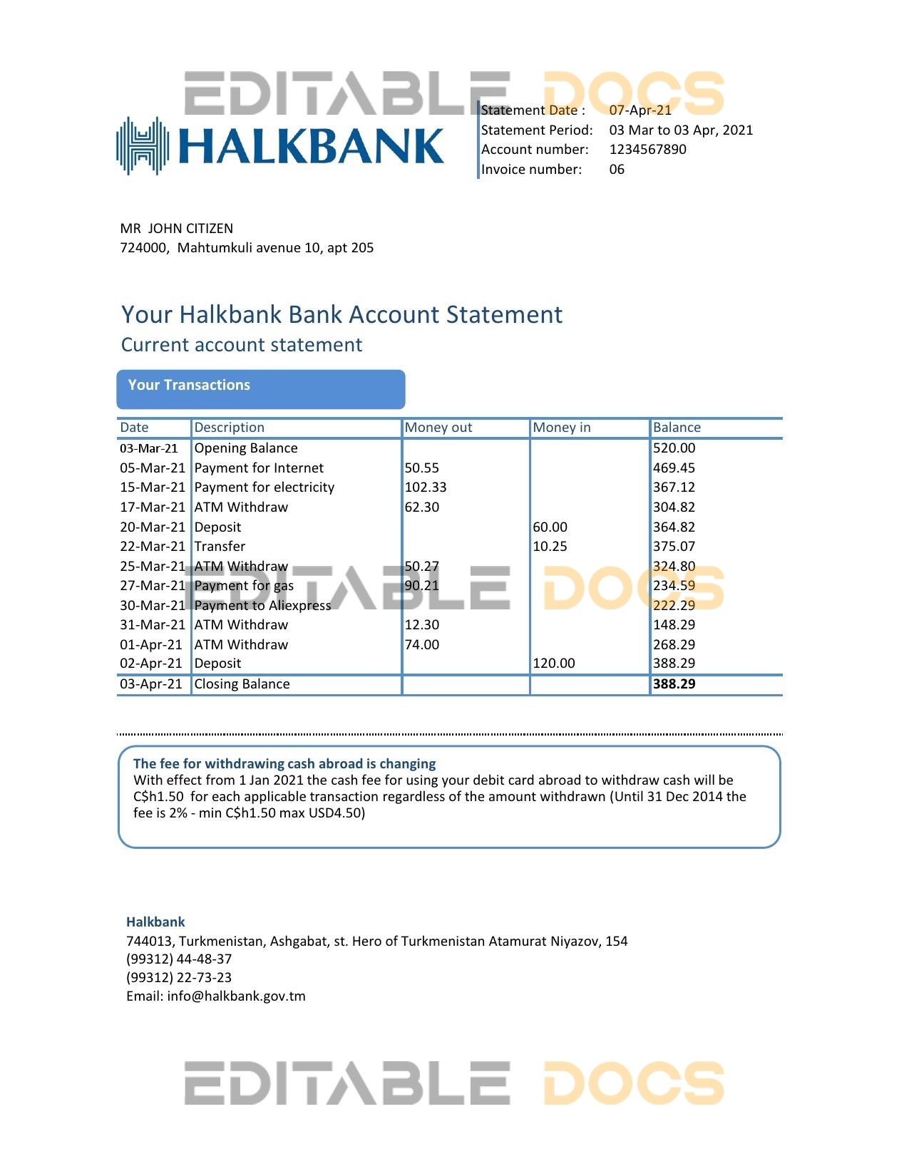 Turkmenistan Halkbank Bank statement easy to fill template in .xls and .pdf file format