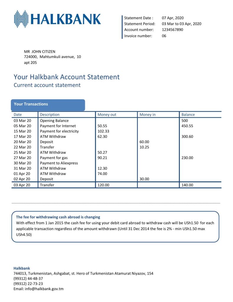 Turkmenistan Halkbank proof of address bank statement template in Word and PDF format, .doc and .pdf format