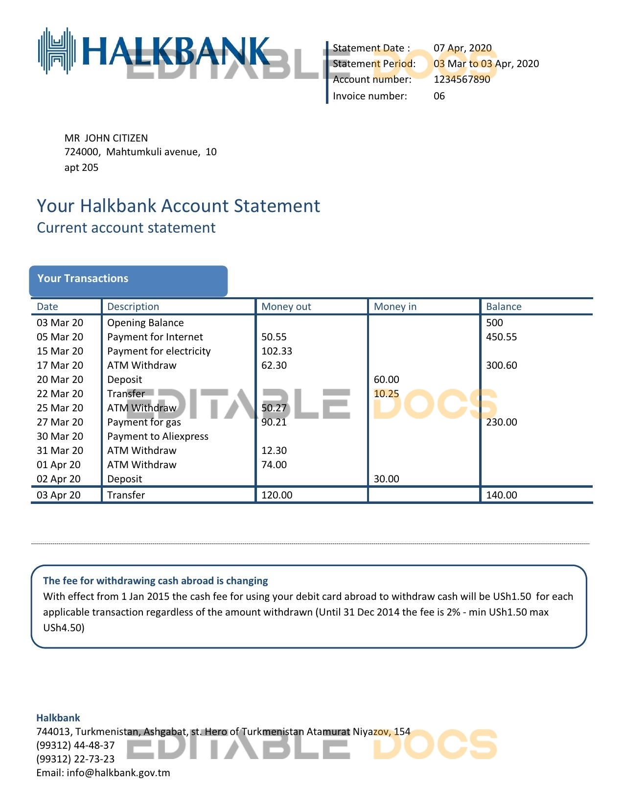 Turkmenistan Halkbank proof of address bank statement template in Word and PDF format, .doc and .pdf format