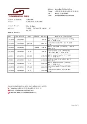 Turkmenistan Turkmenbashi Bank statement template, Excel and PDF format