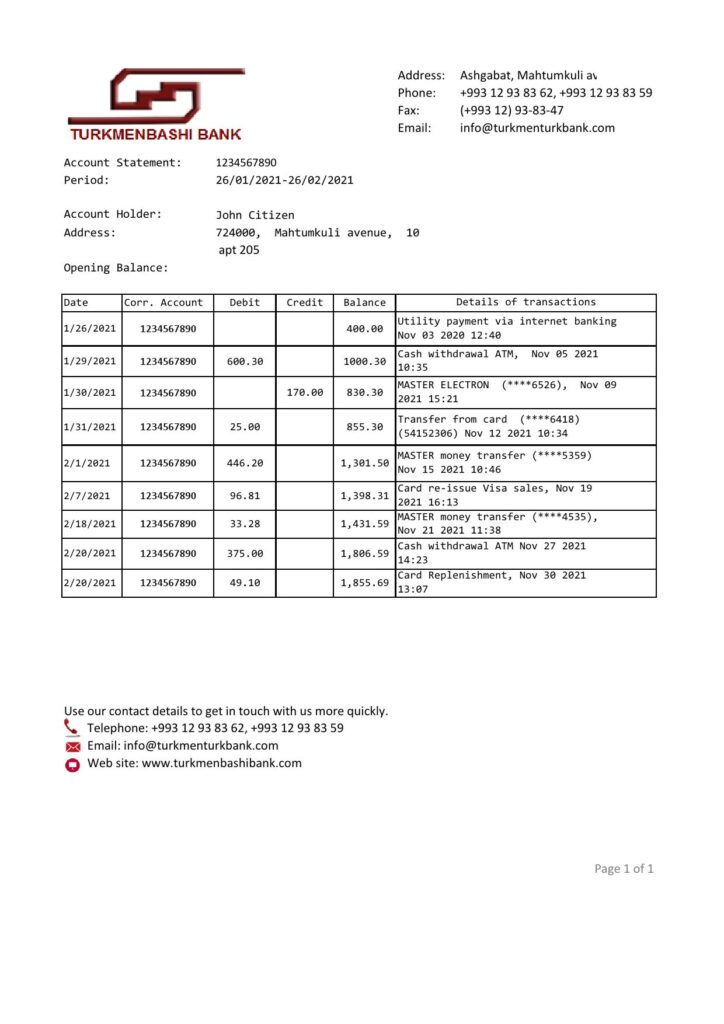 Turkmenistan Turkmenbashi Bank statement template, Excel and PDF format