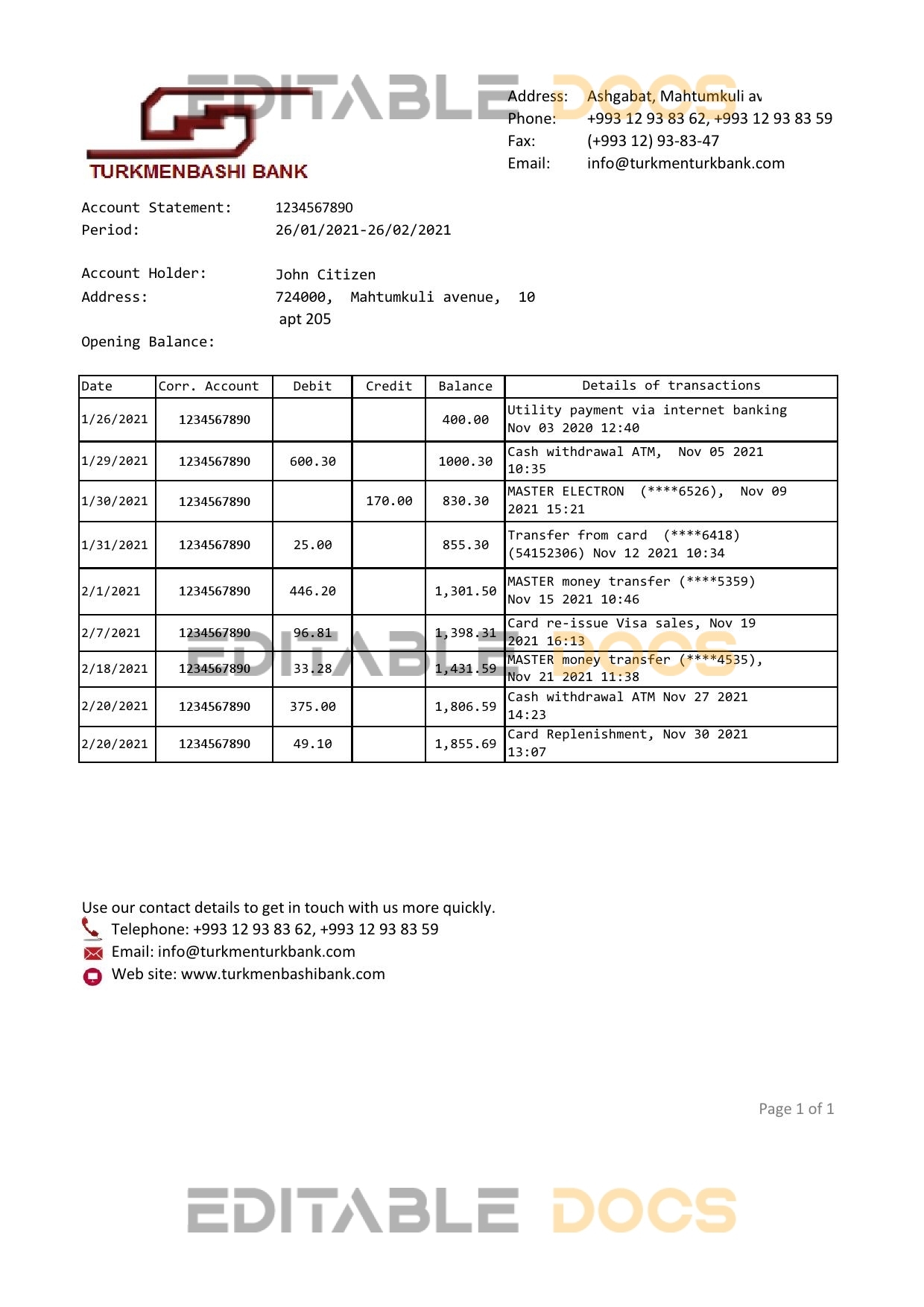 Turkmenistan Turkmenbashi Bank statement template, Excel and PDF format