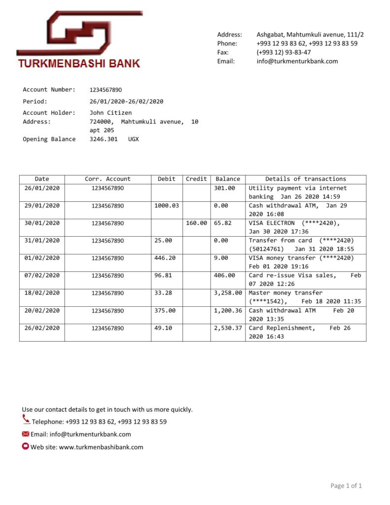 Turkmenistan Turkmenbashi Bank statement template, Word and PDF format (.doc and .pdf)