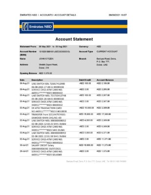 UAE Abu Dhabi NBD bank statement easy to fill template in Excel and PDF format