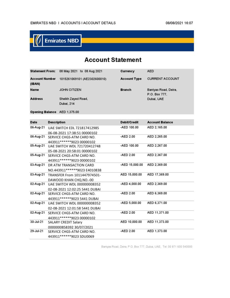 UAE Abu Dhabi NBD bank statement easy to fill template in Excel and PDF format