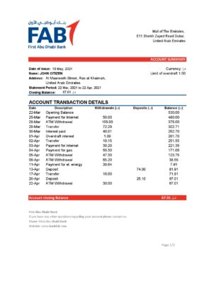 UAE First Abu Dhabi Bank statement easy to fill template in .xls and .pdf file format