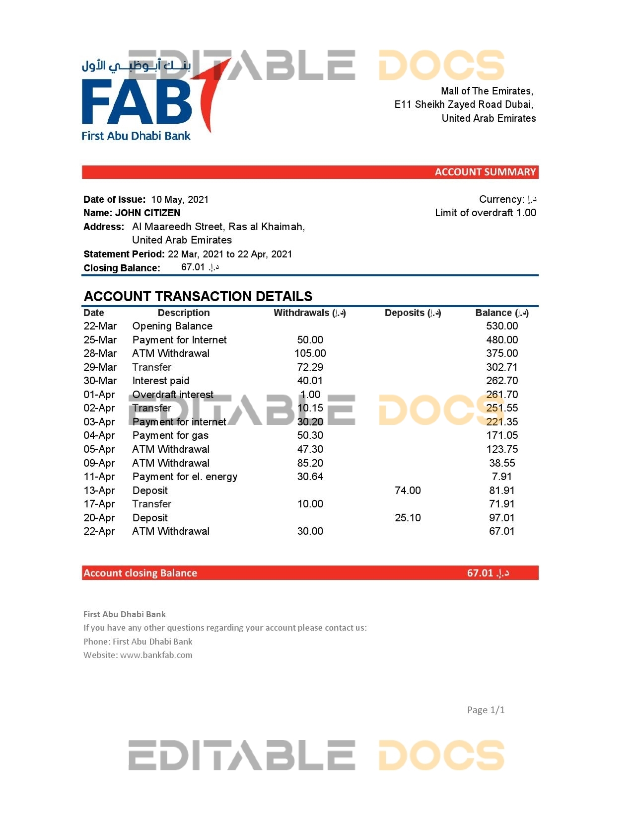 UAE First Abu Dhabi Bank statement easy to fill template in .xls and .pdf file format