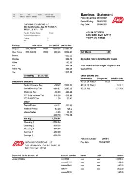 USA ADP business corporate earnings statement template in .xls and .pdf file format