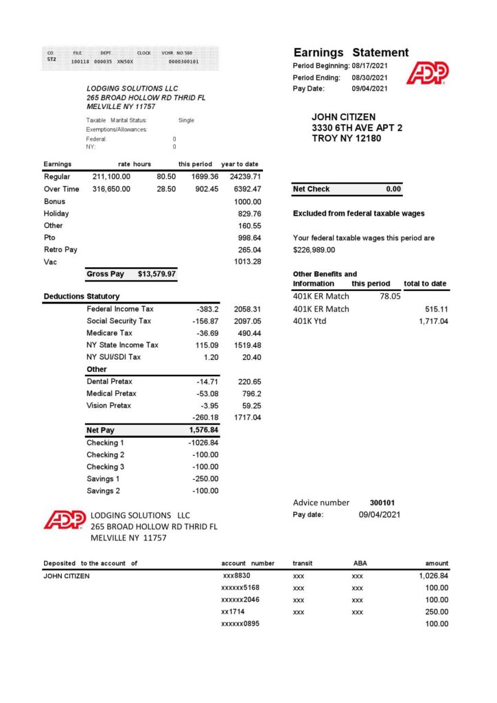 USA ADP business corporate earnings statement template in .xls and .pdf file format