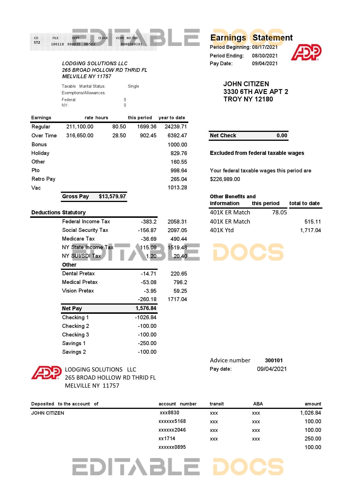 USA ADP business corporate earnings statement template in .xls and .pdf file format