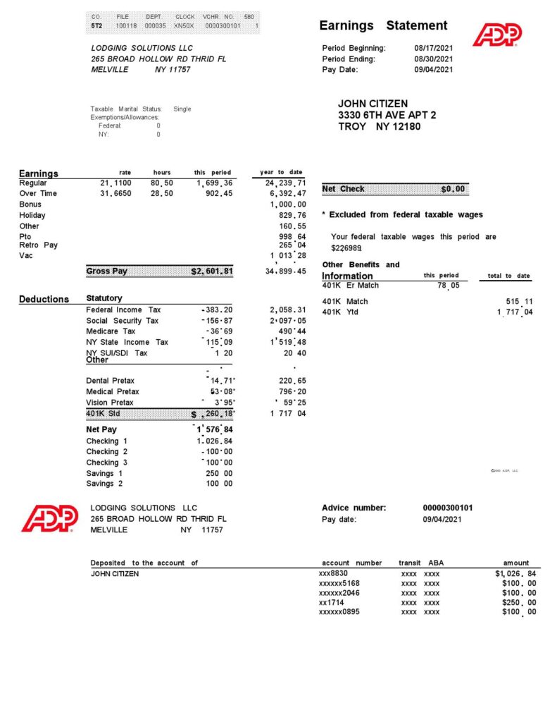 USA ADP business corporate earnings statement template in Word and PDF format