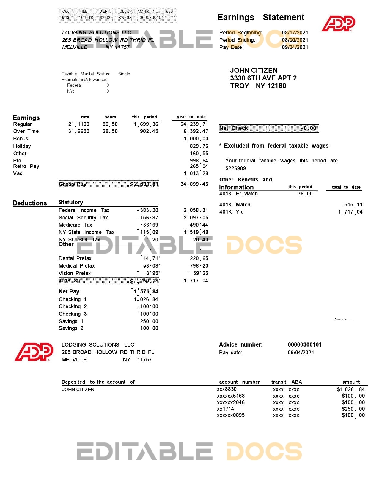 USA ADP business corporate earnings statement template in Word and PDF format