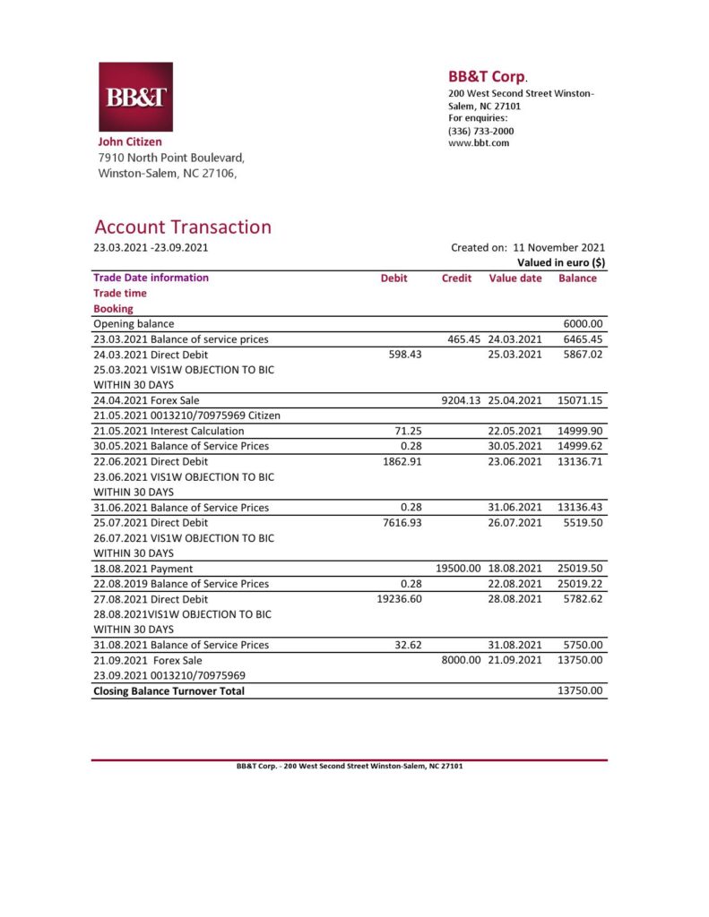 USA BB&T Corp. bank statement easy to fill template in .xls and .pdf file format