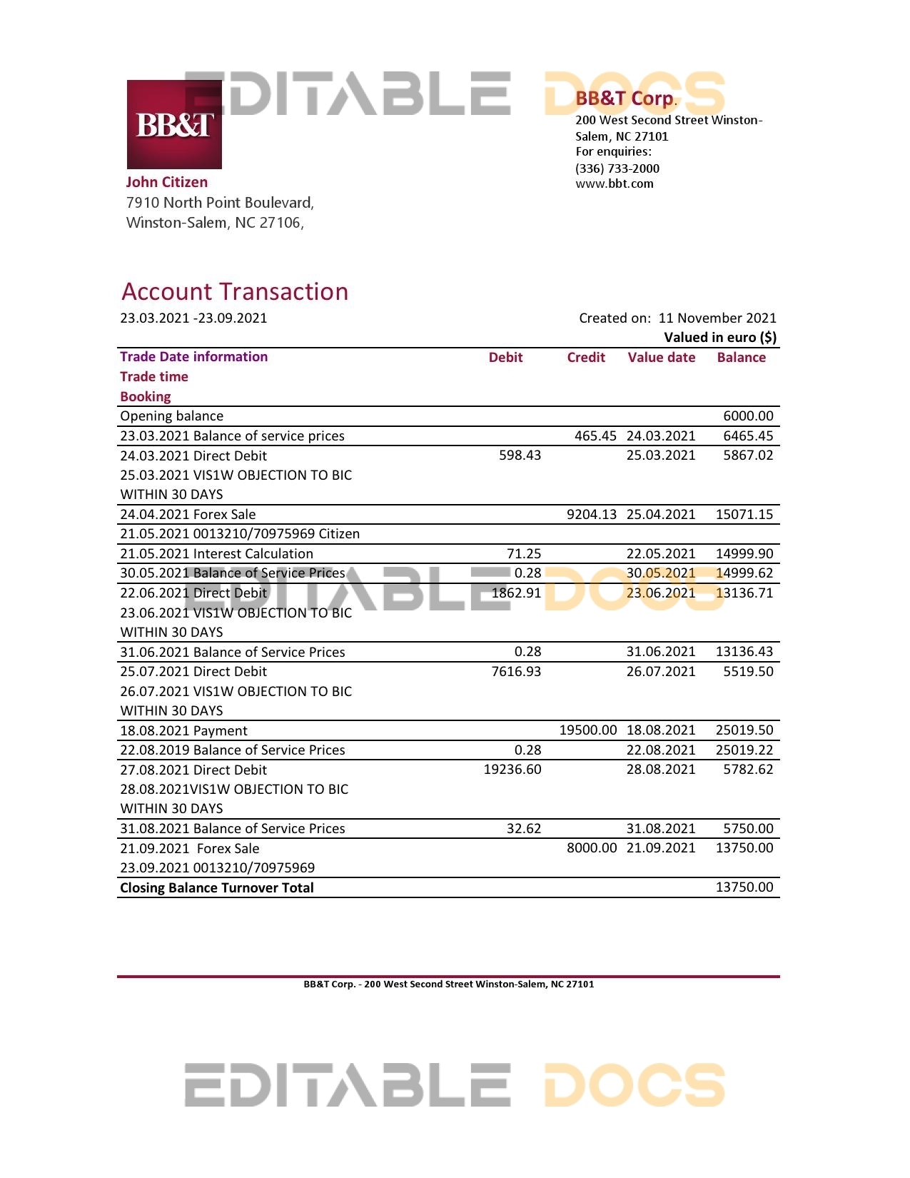 USA BB&T Corp. bank statement easy to fill template in .xls and .pdf file format