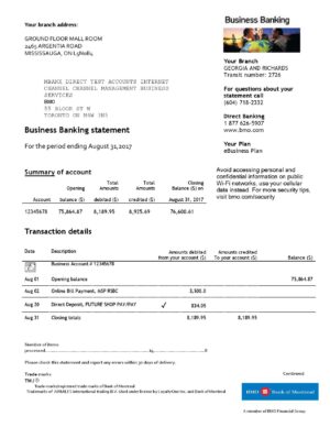 USA Editable Templates 9 USA BMO Bank of Montreal bank proof of address statement template in Word and PDF format