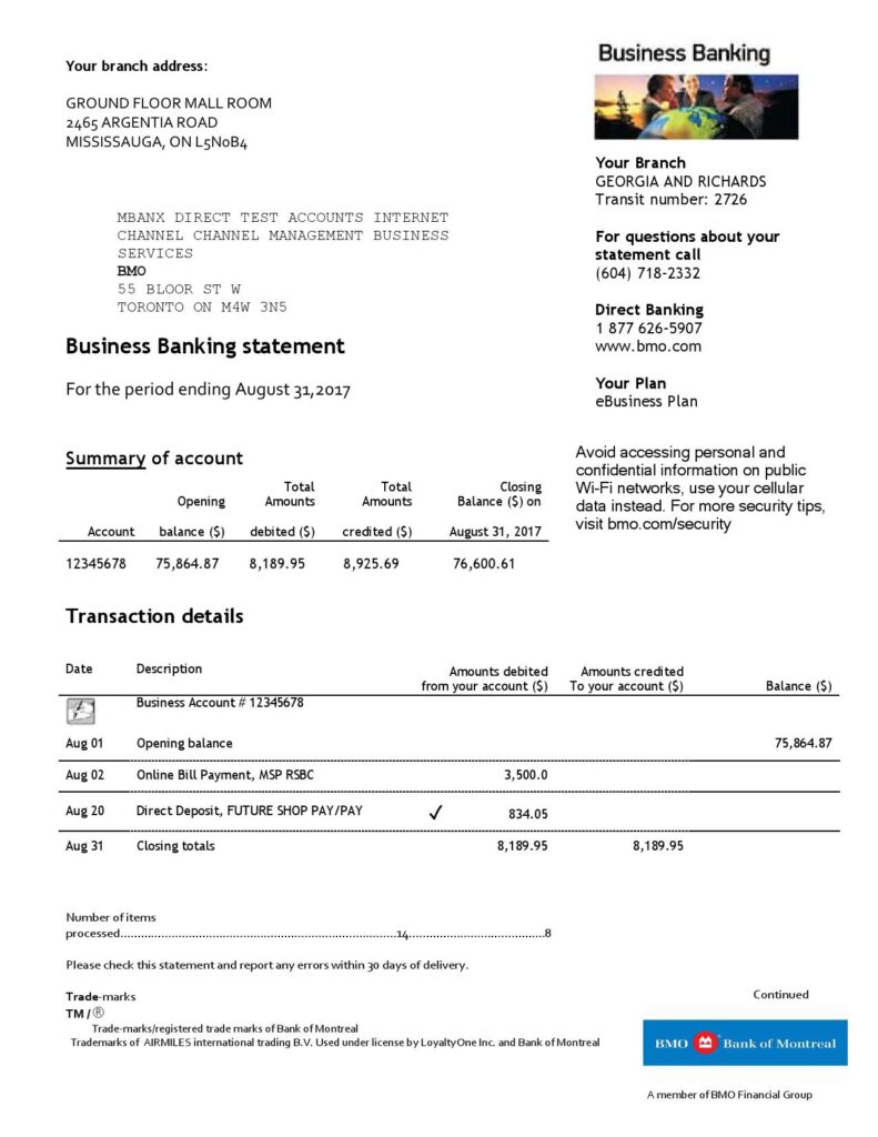 USA BMO Bank of Montreal bank proof of address statement template in Word and PDF format