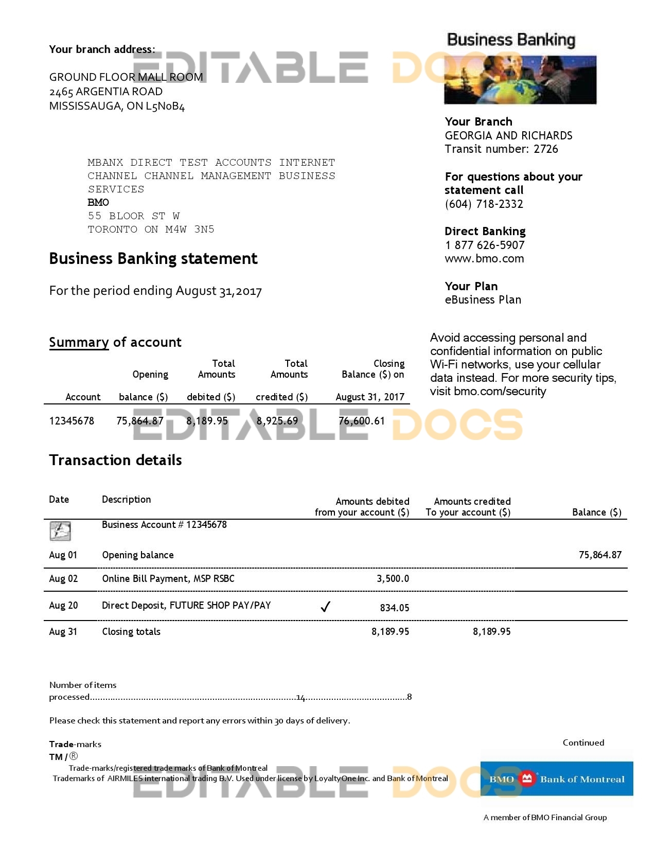 USA BMO Bank of Montreal bank proof of address statement template in Word and PDF format