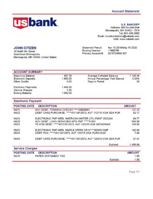 USA Editable Templates 14 USA Bancorp bank proof of address statement template in Word and PDF format