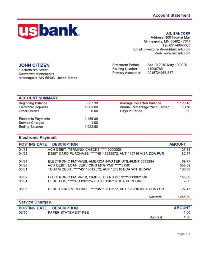 USA Bancorp bank proof of address statement template in Word and PDF format