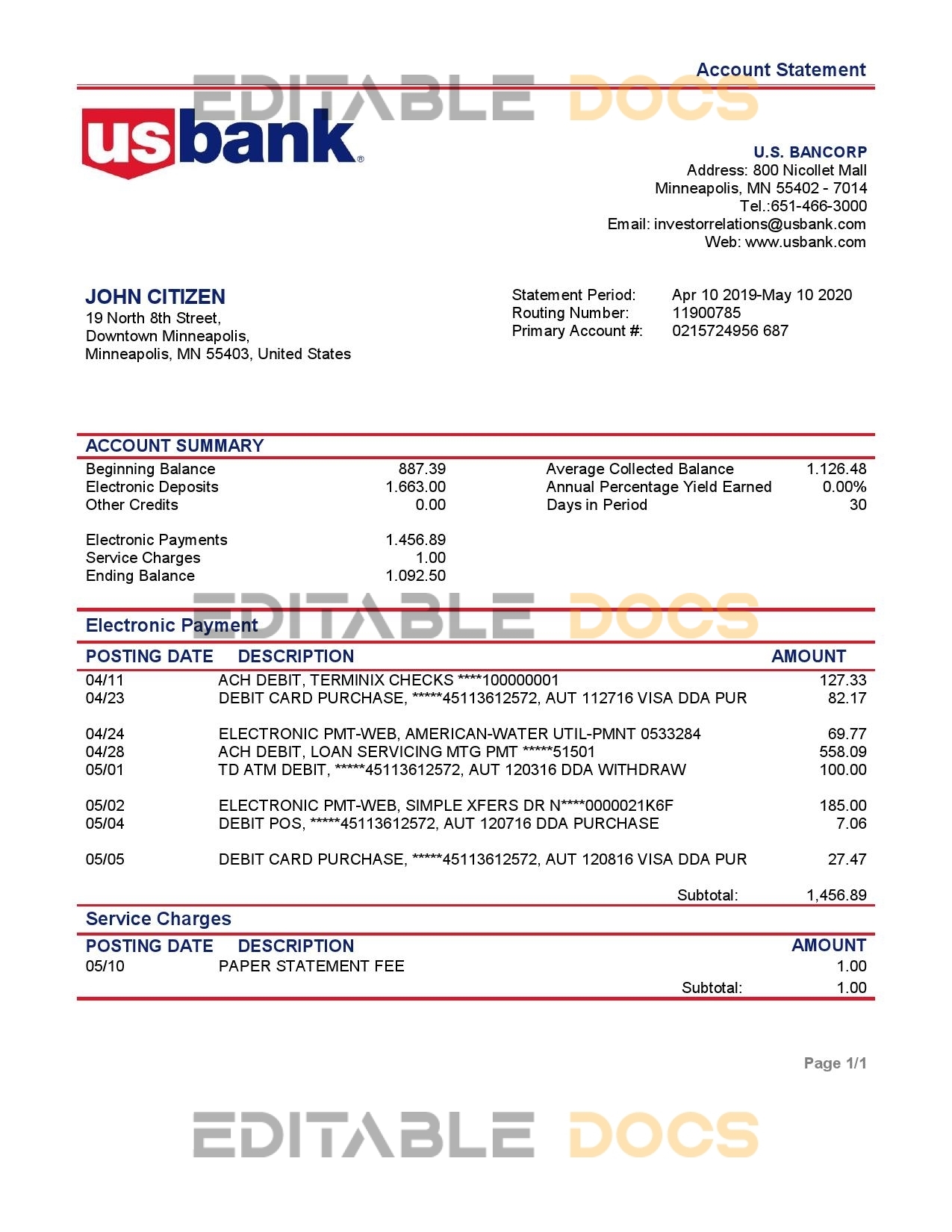USA Bancorp bank proof of address statement template in Word and PDF format