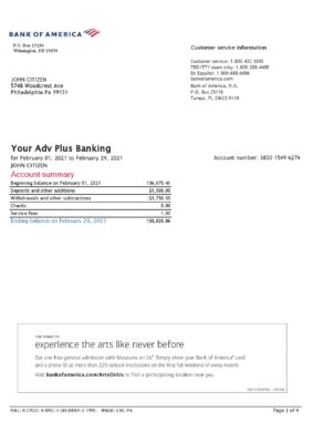 USA Bank of America bank statement template in Excel and PDF format (4 pages), version 3