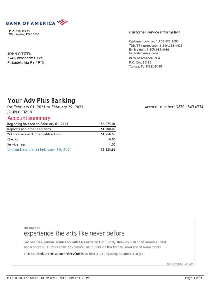 USA Bank of America bank statement template in Excel and PDF format (4 pages), version 3 1