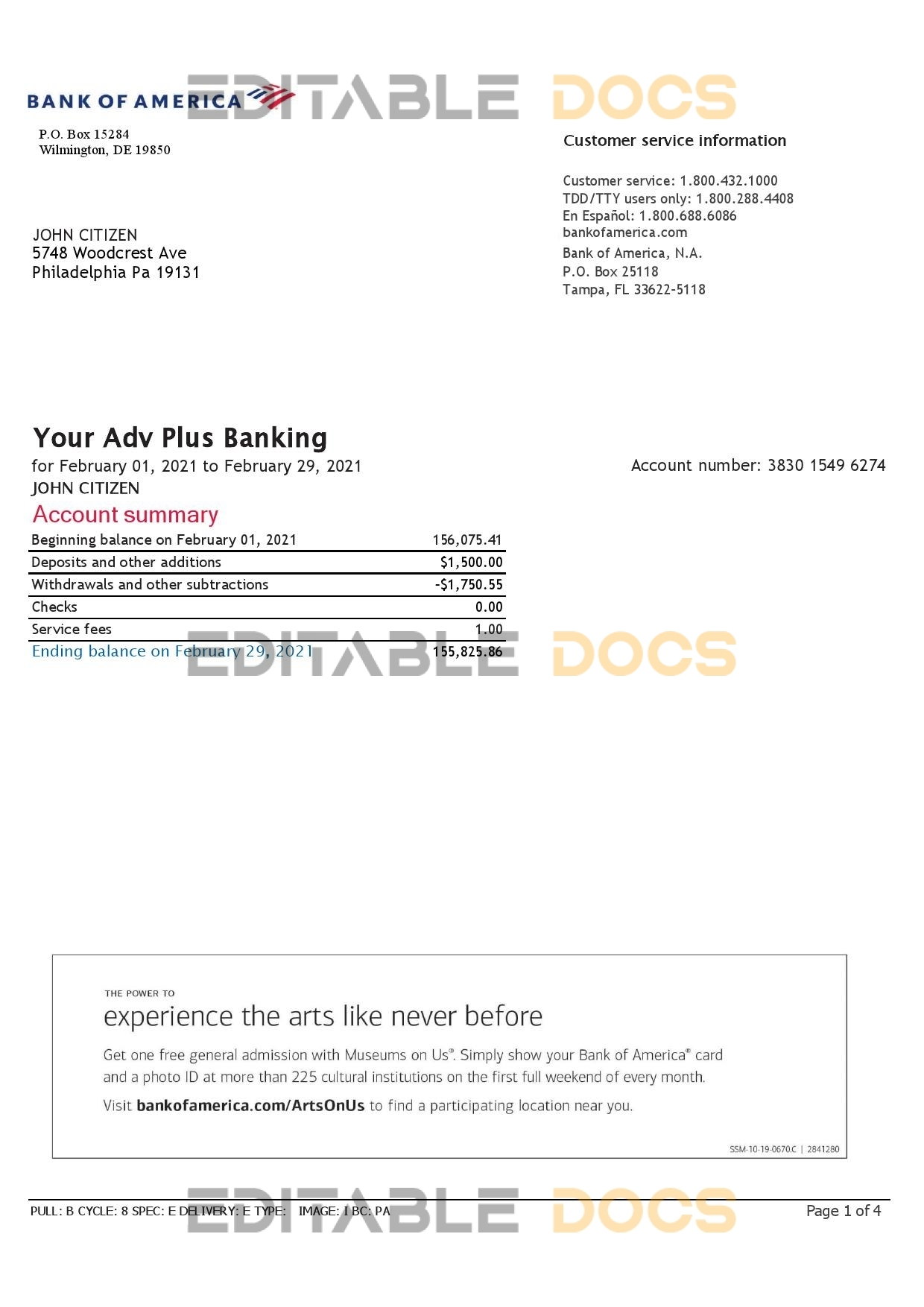 USA Bank of America bank statement template in Excel and PDF format (4 pages), version 3