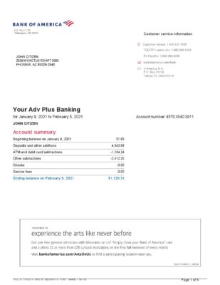 USA Bank of America bank statement template in Word and PDF format, 6 pages, version 2