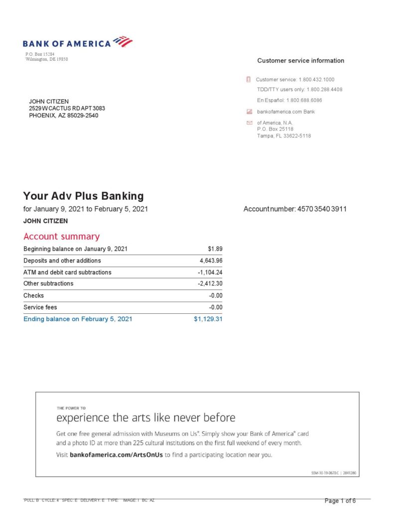 USA Bank of America bank statement template in Word and PDF format, 6 pages, version 2