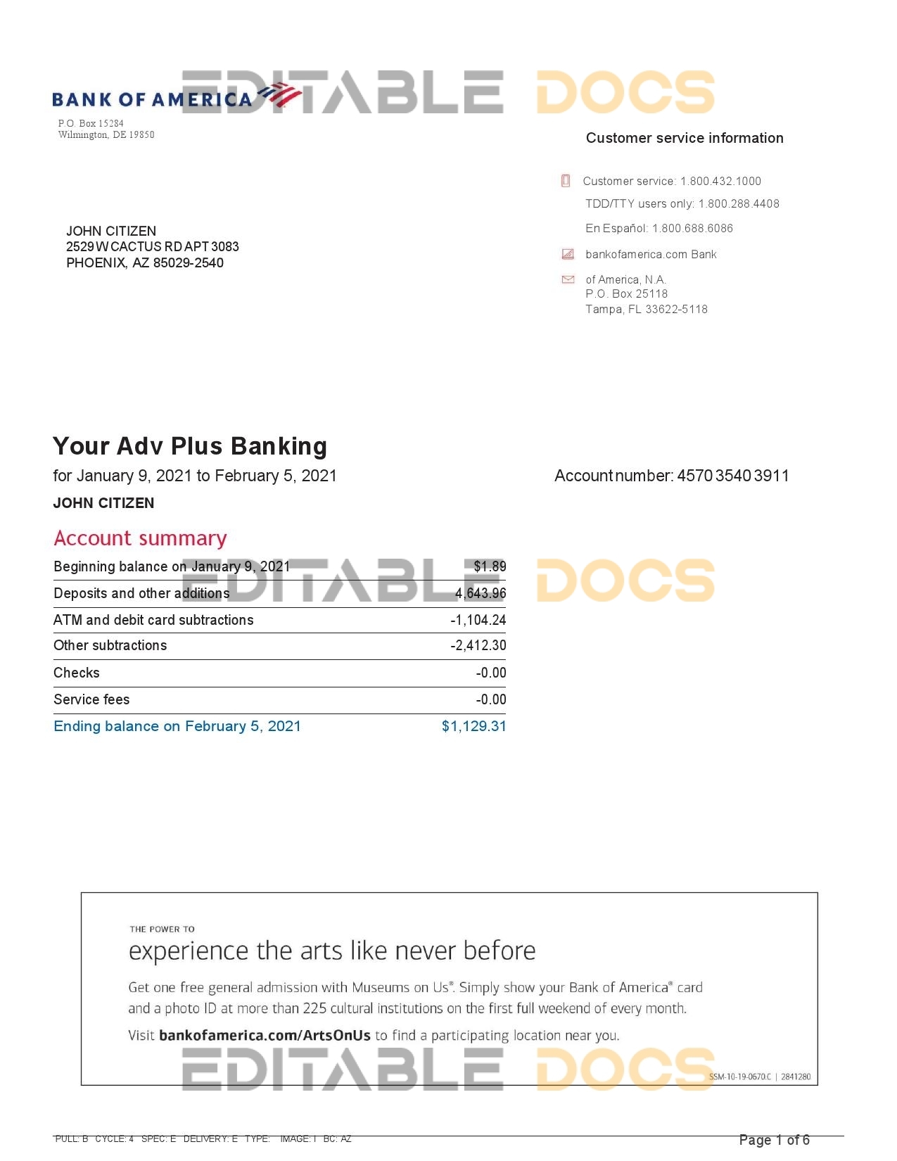 USA Bank of America bank statement template in Word and PDF format, 6 pages, version 2