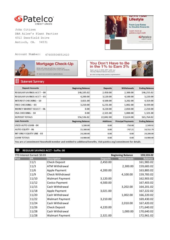 USA California Patelco Credit Union bank statement template in Excel and PDF format