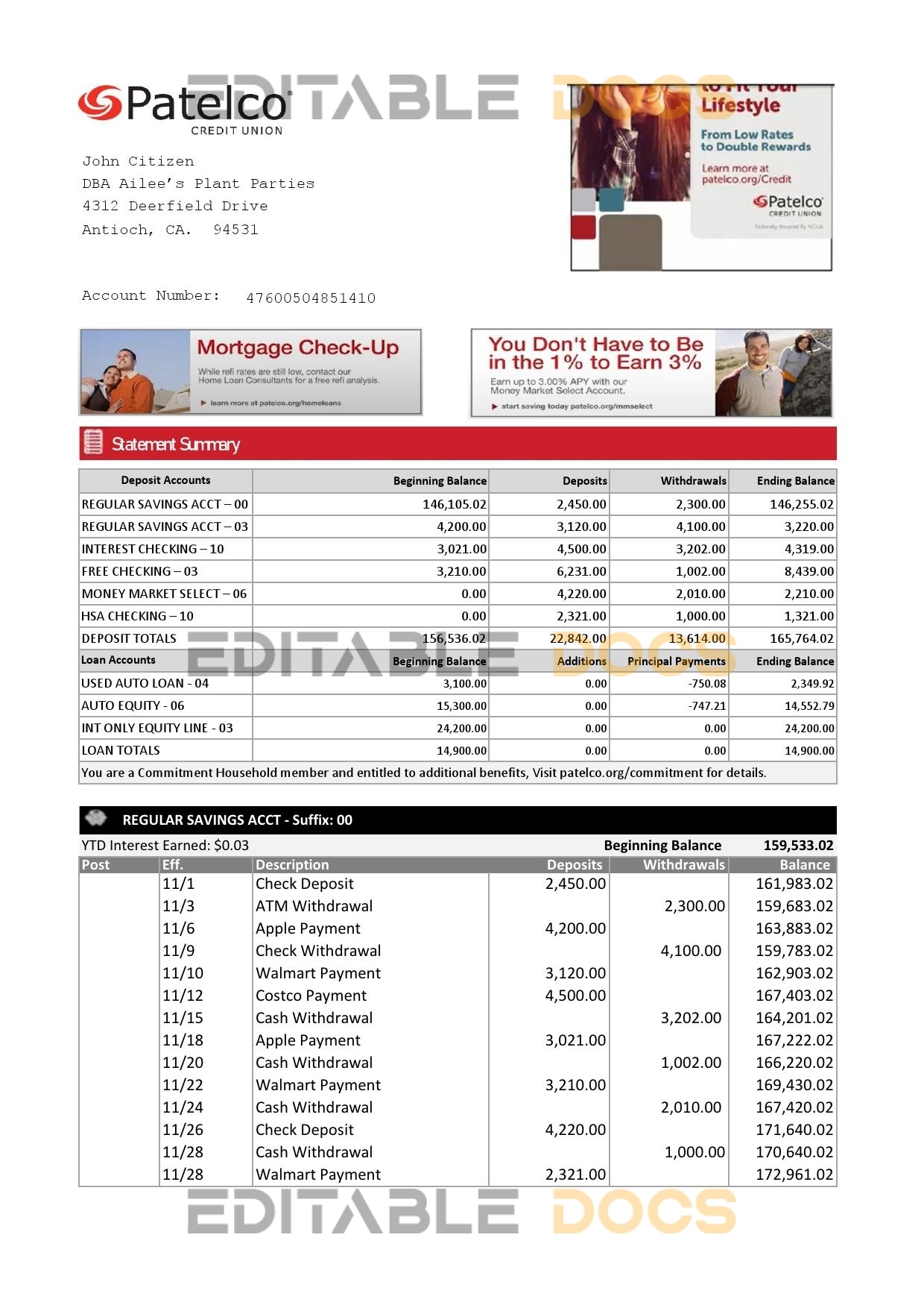 USA California Patelco Credit Union bank statement template in Excel and PDF format