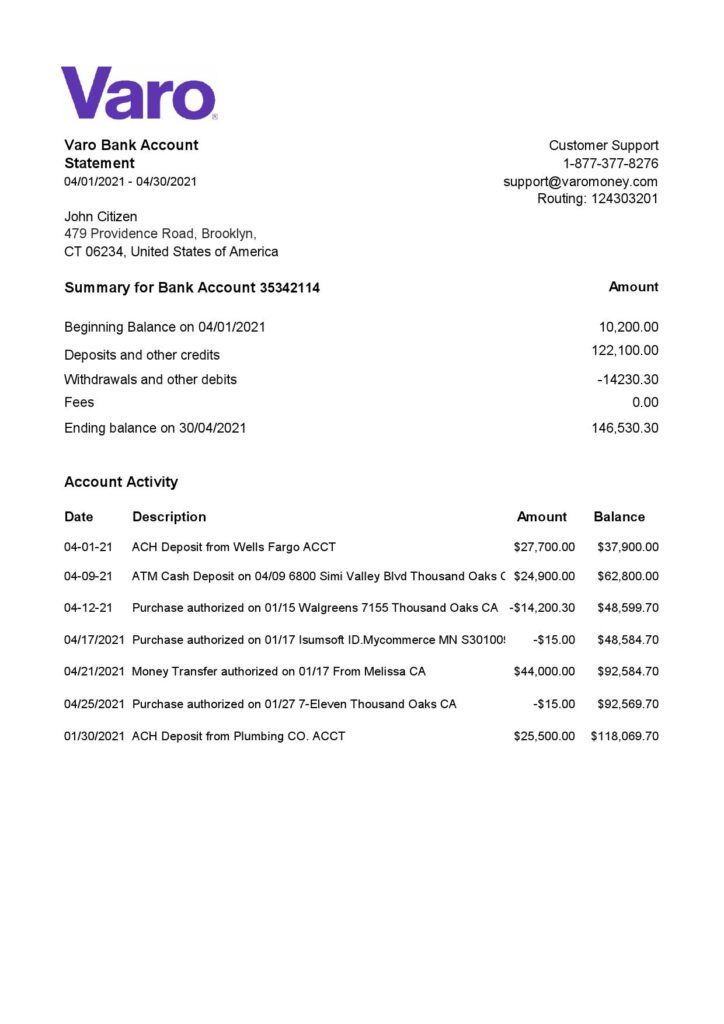 USA California Varo bank statement template in Excel and PDF format (2 pages)