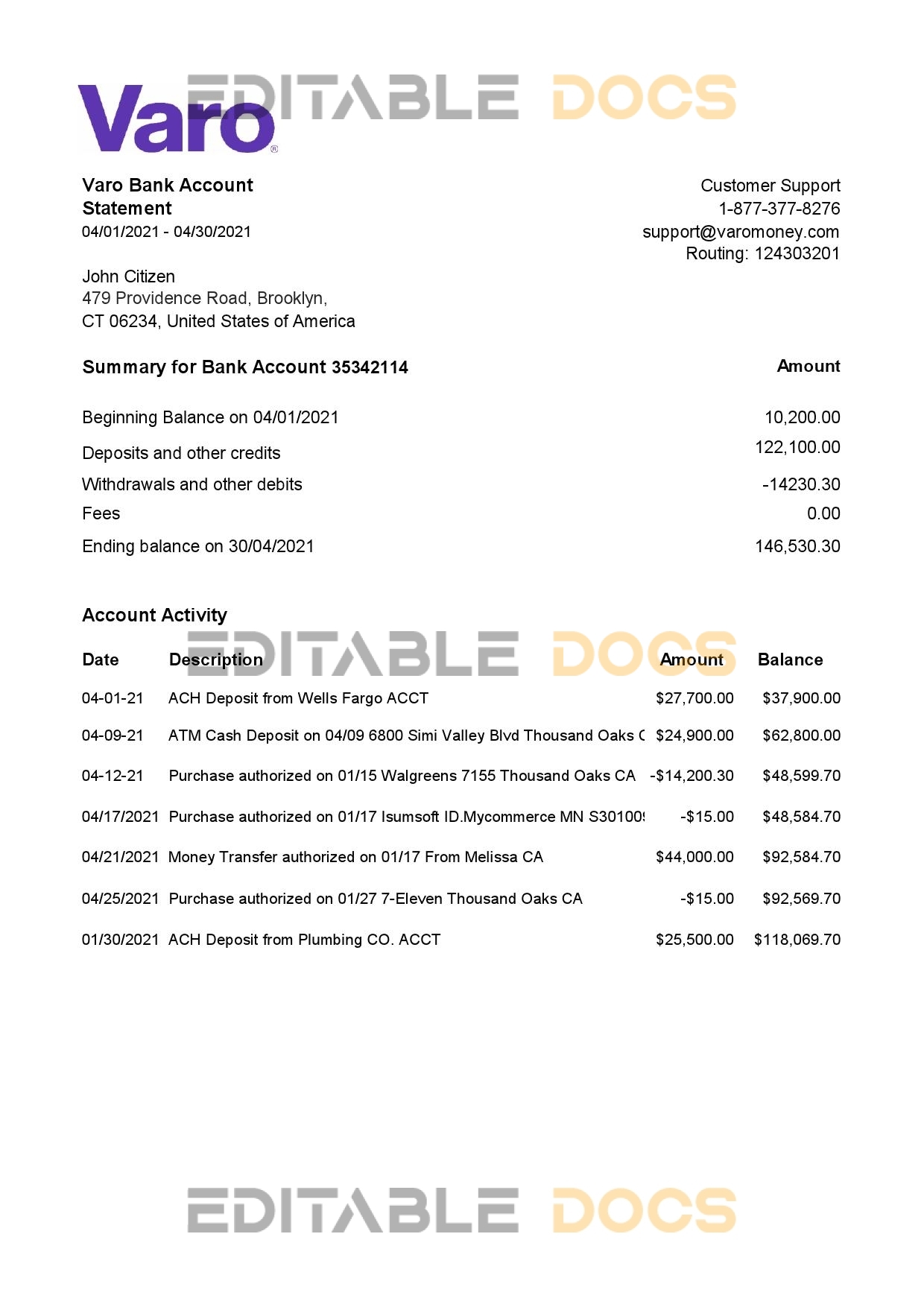 USA California Varo bank statement template in Excel and PDF format (2 pages)