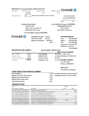 USA Chase bank Mastercard card statement easy to fill template in Excel and PDF file format