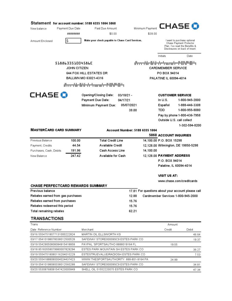 USA Chase bank Mastercard card statement easy to fill template in Excel and PDF file format
