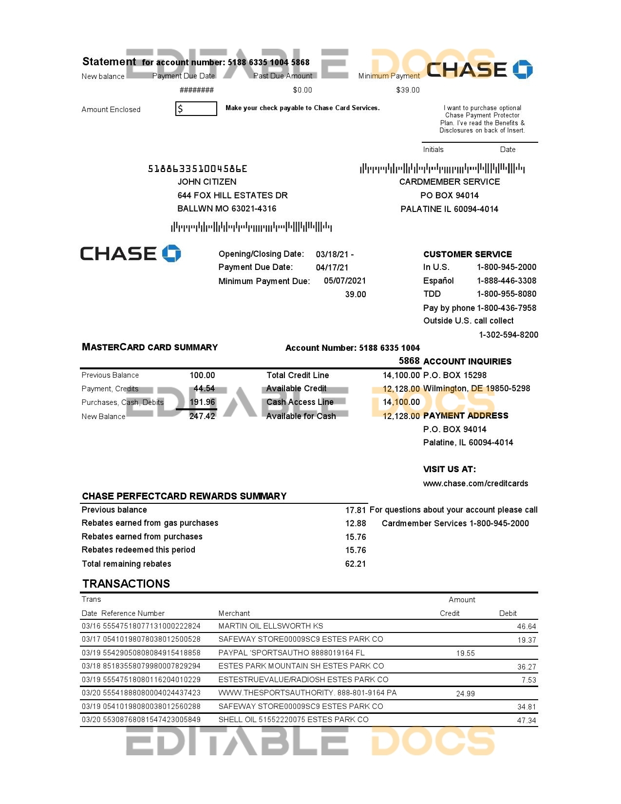 USA Chase bank Mastercard card statement easy to fill template in Excel and PDF file format
