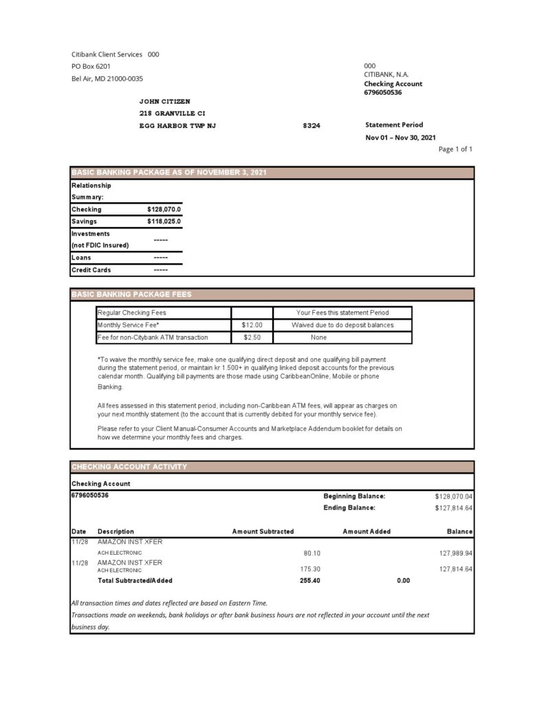 USA City Bank statement easy to fill template in .xls and .pdf file format