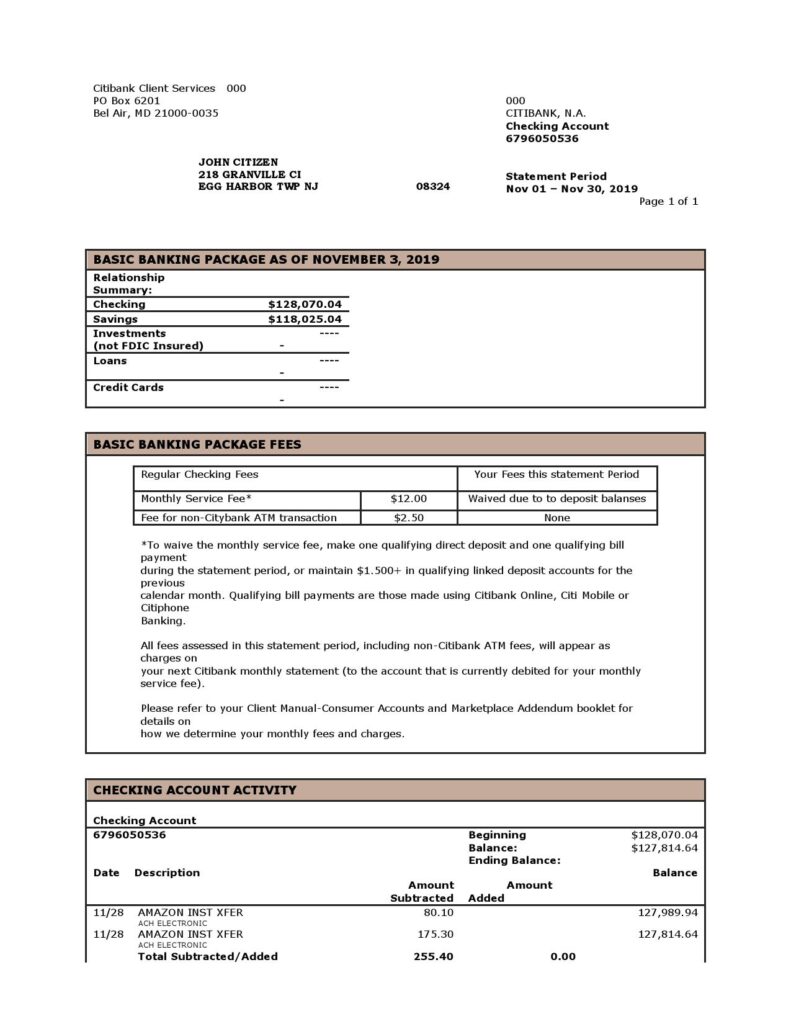 USA City Bank statement template in Word and PDF format