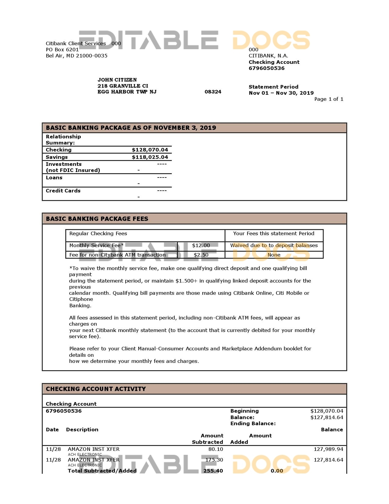USA City Bank statement template in Word and PDF format