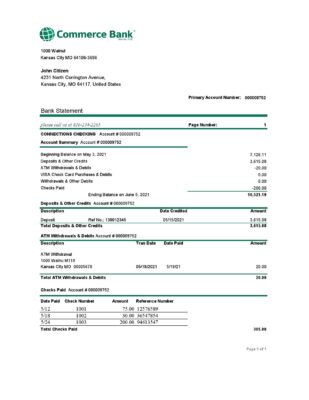 USA Commerce Bank statement easy to fill template in Excel and PDF format