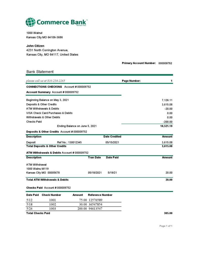 USA Commerce Bank statement easy to fill template in Excel and PDF format