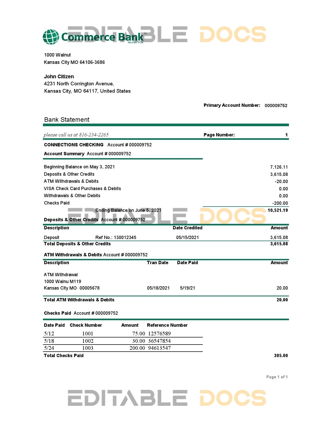 USA Commerce Bank statement easy to fill template in Excel and PDF format