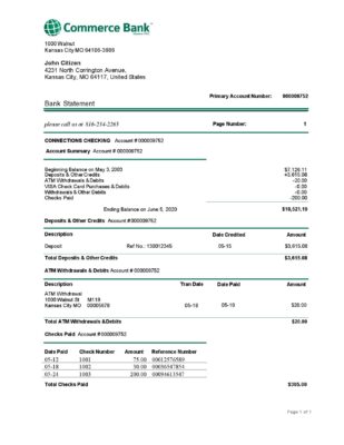 USA Commerce bank proof of address statement template in Word and PDF format