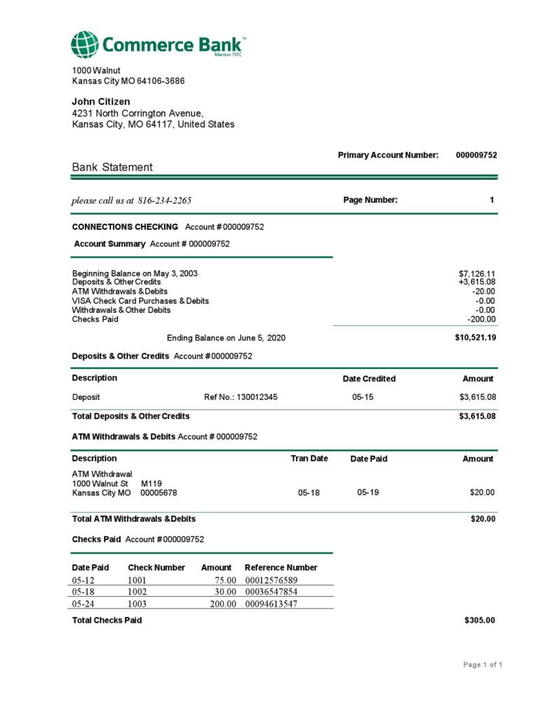 USA Commerce bank proof of address statement template in Word and PDF format