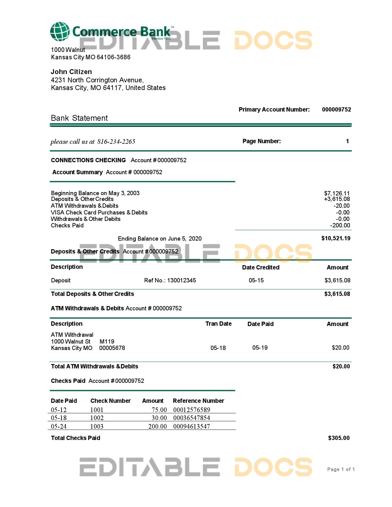 USA Commerce bank proof of address statement template in Word and PDF format