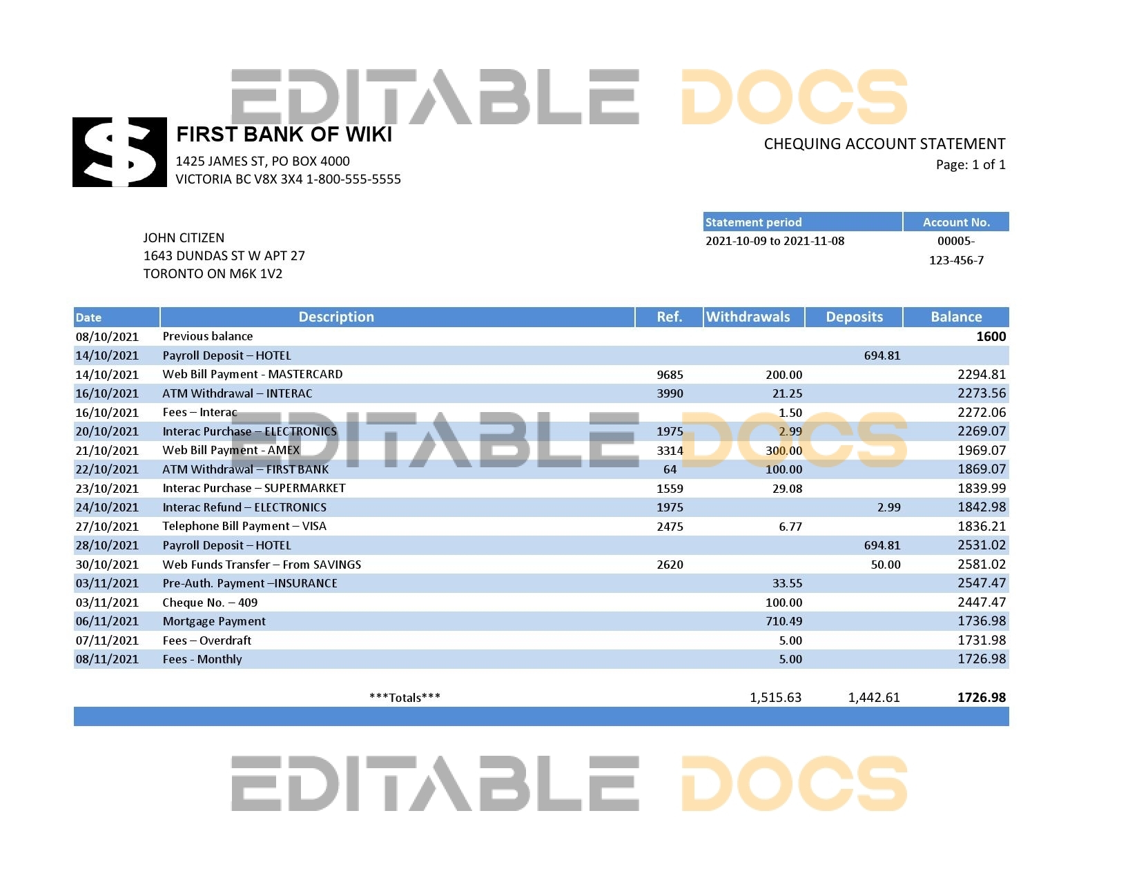 USA First Bank of Wiki bank statement easy to fill template in .xls and .pdf file format